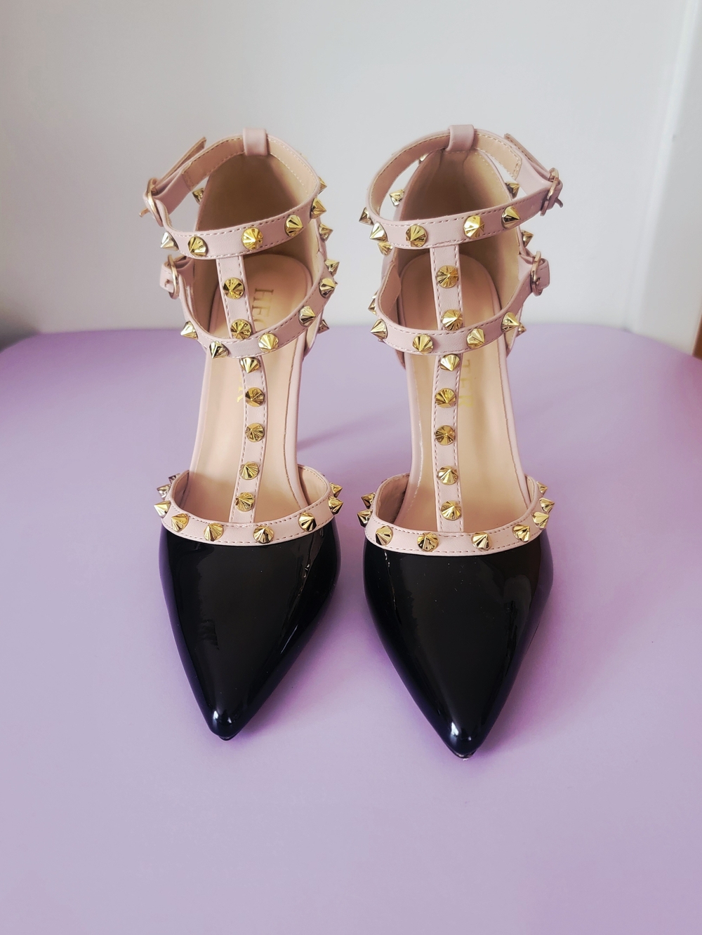 Hecater Black Patent Caged Gold Stud Ankle Strap Pumps - Size 7 BNIB